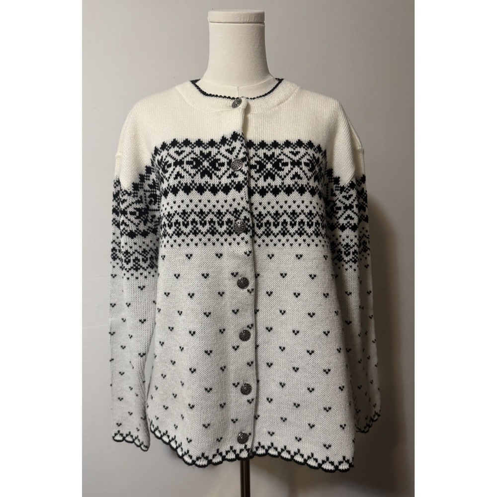 Vtg Bemidji Fair Isle Cardigan Sweater White Black Hearts Size 46 Large